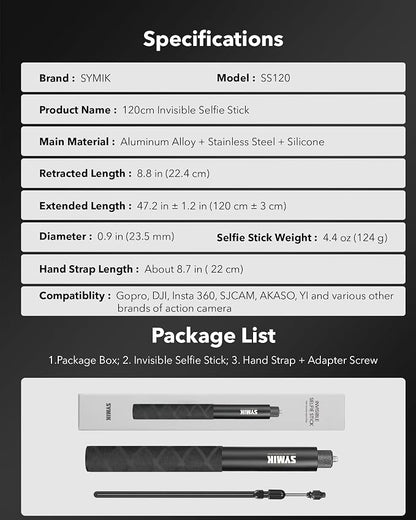 SYMIK Invisible Selfie Stick for Insta360 (120cm/47.2in), Aluminum Alloy Extension Stick Portable Extendable Monopod Pole with 1/4'' Screw and Wrist Strap for Insta 360 X5 X4 Air X3 ONE X2 Osmo 360