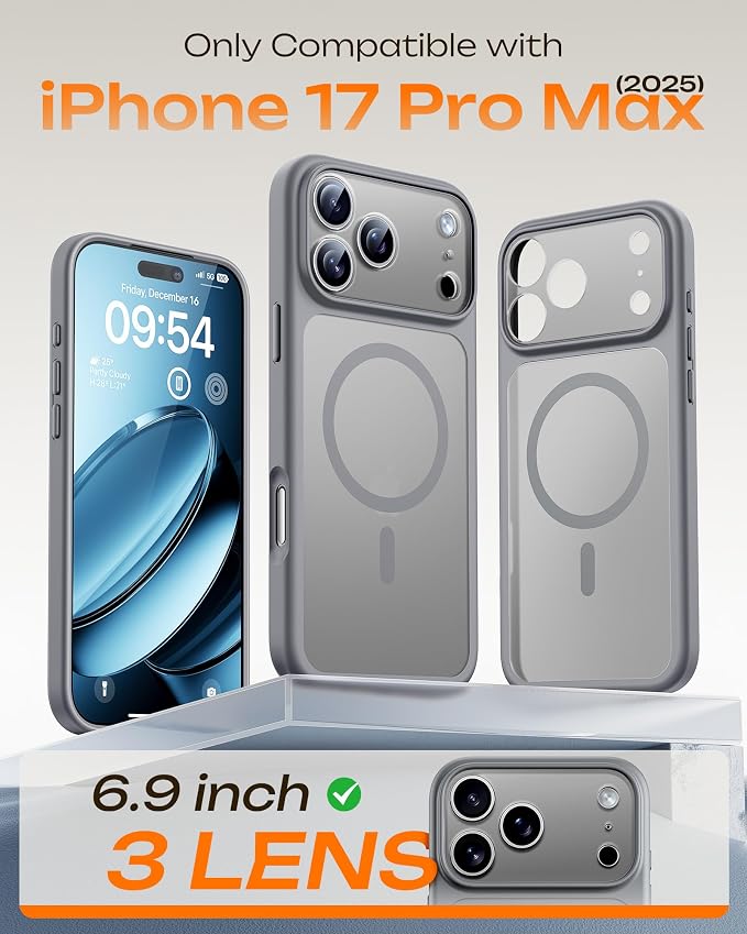TOCOL for iPhone 17 Pro Max Case, Compatible with Magsafe Charger, Full Camera Protection, Translucent Matte for iPhone 17 Pro Max Phone Case 6.9 inch (Gray)