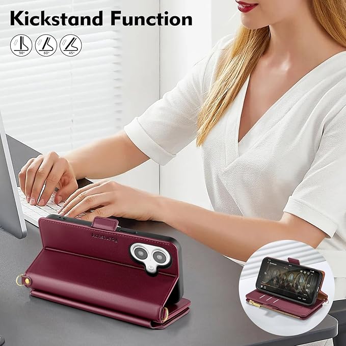 Antsturdy Compatible with iPhone 16 Plus Wallet Case for Women【RFID Blocking】 Crossbody Phone Case PU Leather Zipper with Wrist Strap Flip Cover Credit Card Holder for Apple 16 Plus 6.7",Wine Red