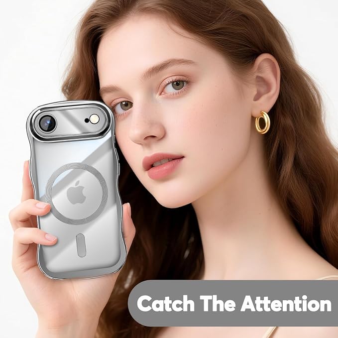 Misscase for iPhone Air Case with Privacy Screen Protector,Compatible with MagSafe,Cute Wave Frame Anti-Scratch Case with Camera Lens Protector Plating Bling Case for iPhone 17 Air Silver