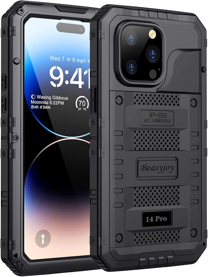 Beasyjoy Waterproof Case for iPhone 14 Pro, Metal Full Body Sealed Phone Case with Built-in Screen Protector, Military Grade Heavy Duty Defender Armor Shockproof Rugged Case 6.1 Inch, Black
