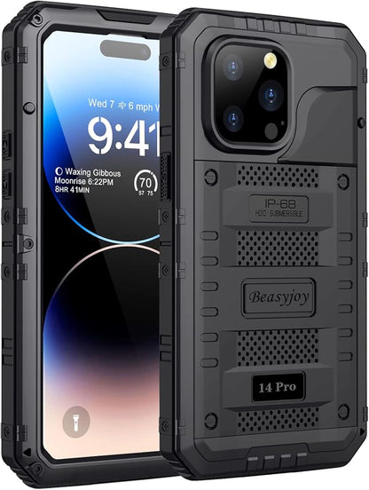 Beasyjoy Waterproof Case for iPhone 14 Pro, Metal Full Body Sealed Phone Case with Built-in Screen Protector, Military Grade Heavy Duty Defender Armor Shockproof Rugged Case 6.1 Inch, Black
