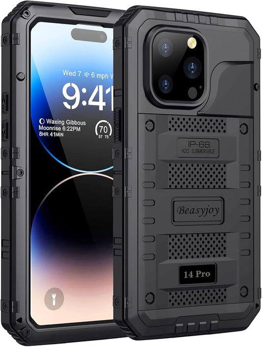 Beasyjoy Waterproof Case for iPhone 14 Pro, Metal Full Body Sealed Phone Case with Built-in Screen Protector, Military Grade Heavy Duty Defender Armor Shockproof Rugged Case 6.1 Inch, Black