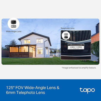 Tapo 2K Indoor/Outdoor Dual Lens Pan/Tilt Wired Security Camera - 125° Wide-Angle View + 6mm Zoom, Motion Track, Person/Vehicle Detection, Subscription-Free Local Storage or Optional Cloud, C246D