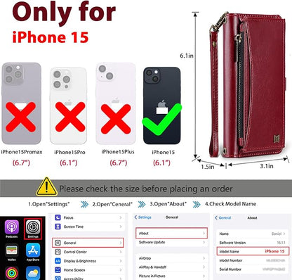Wallet Case for iPhone 15 with Card Holder/Crossbody Wallet/Strap| RFID Blocking | Magnetic | Kickstand | Detachable | PU Leather Phone Case for iPhone 15,6.1 in,Wine Red