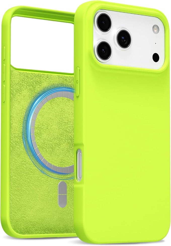 for iPhone 17 Pro Case Silicone Compatible with Magsafe Case, Ultra Slim Thin Magnetic Phone Cases Mag Safe, Cute Soft Rubber Gel TPU Matte Plain Wireless Charging Cover for Women, Neon Green