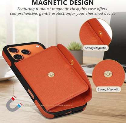 Keallce Wallet Case for iPhone 17 Pro Max 6.9'', Genuine Leather Magnetic Flip Case with RFID Blocking, Card Holder Slots and Kickstand, Protective Folio Cover for Women, Orange