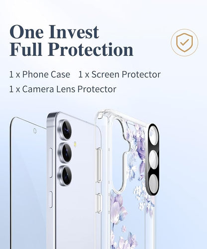 GVIEWIN for Samsung Galaxy S25 Plus Case, Clear Floral Slim Shockproof Protective Women Phone Case, Non-Yellowing, with Screen Protector & Camera Lens Protector for S25 Plus 6.7", Foliolosa/Blue