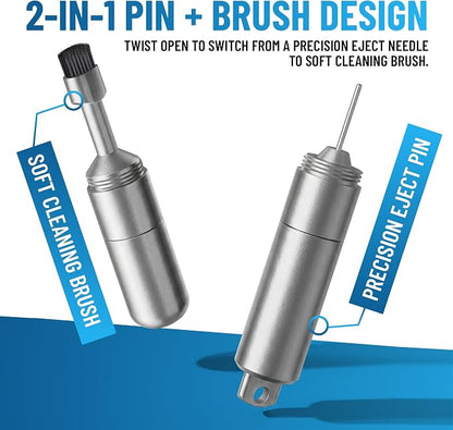 PortPlugs SIM Tray Ejector Tool + Charging Port Cleaning Brush for Phones & Earbuds - SIM Card Removal Tool, Reset Pin, AirPods Utility