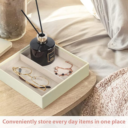 JACKCUBE Design Leather Valet Tray, Catchall Storage Women Vanity Nightstand Tray for Keys, Phones, Jewelry, Makeup, Perfume, Watches (Ivory) - MK1092B