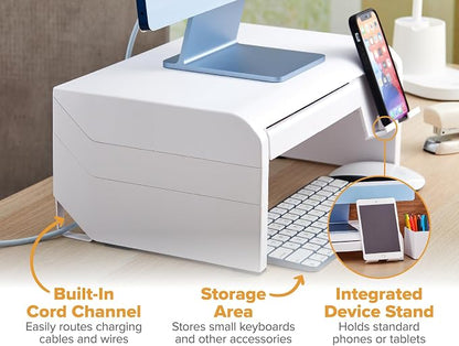 Bostitch Konnect Adjustable Monitor Riser with Drawer & Cell Phone Holder, Laptop Stand for Desk, 4 Height Levels, Cable Management & Rubber Feet