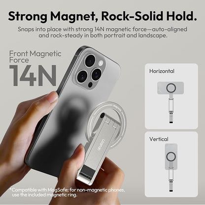 ULANZI MA60 Magnetic Phone Tripod Stand for iPhone - Aluminium Smartphone Mini Tripod Pocket Cell Phone Stand Strong Magnet Quick Mount Compatible with iPhone 16 15 14 13 12 Series, Silver