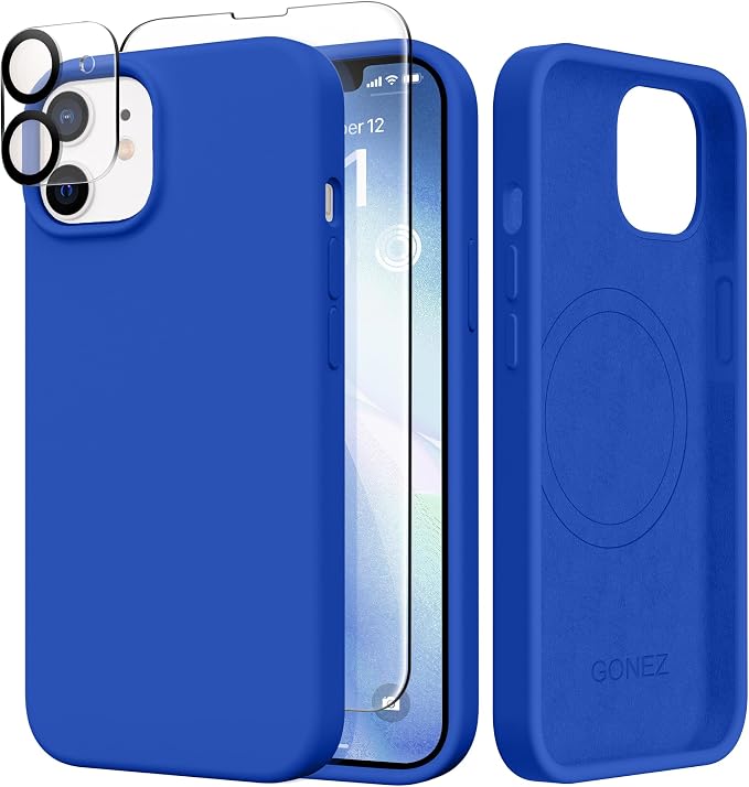 GONEZ Magnetic for iPhone 12 Case / 12 Pro Case, Compatible with MagSafe, [Screen Protector + Camera Lens Protector], Silicone Shockproof Anti-Scratch Protective Phone Case 6.1 inch, Klein Blue