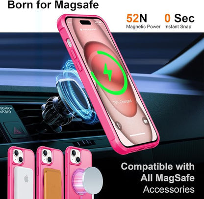 360° Magnetic Swivel Ring for iPhone 15 case, Built-in Metal Stand and Ring Holder, Magsafe Compatible, Military Grade Protection, Shock Resistant - Rose Pink