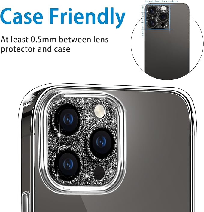 Compatible with iPhone 13 Pro and iPhone 13 Pro Max Camera Lens Protector, Bling Glitter 9H Tempered Glass Camera Cover Anti Scratch Shockproof Lens Protective Cover-Black