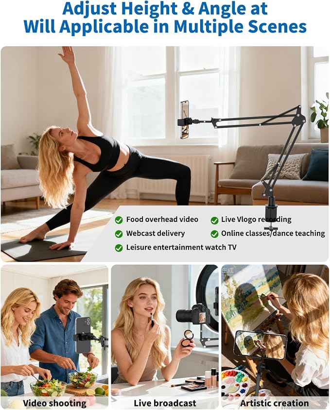 Overhead Camera Phone Mount, Desk Phone Stand for Recording, Phone Holder for Bed with Phone/Tablet/Mic Clamps, 1/4" Thread Magic Arm for DSLR, Webcam, iPad, TikTok, YouTube, Streaming, Cooking, Video