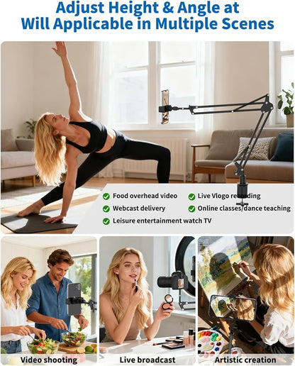 Overhead Camera Phone Mount, Desk Phone Stand for Recording, Phone Holder for Bed with Phone/Tablet/Mic Clamps, 1/4" Thread Magic Arm for DSLR, Webcam, iPad, TikTok, YouTube, Streaming, Cooking, Video