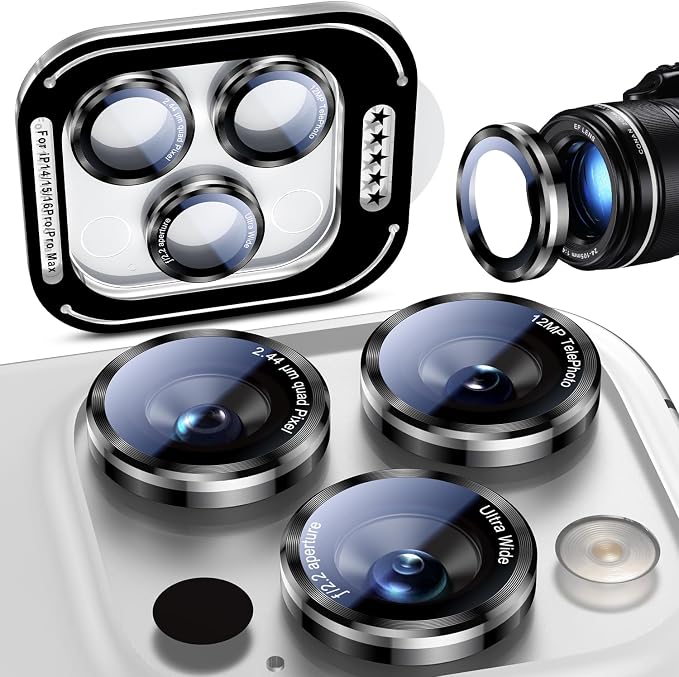 Uyiton for iPhone 17 Pro Max/17 Pro/16 Pro Max/16 Pro/15 Pro Max/15 Pro/14 Pro Max/14 Pro Camera Lens Protector - Military-Grade Tempered Glass Metal Camera Cover, Easy to Install, Black+Silver