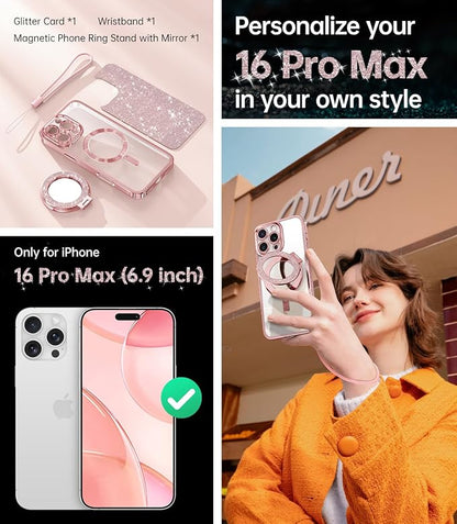 Meifigno Magnetic Case with Removable Phone Ring Stand for iPhone 16 Pro Max 6.9’’, [Glitter Card & Wrist Strap] [MagSafe Compatible] [Built in Mirror] Phone Ring Stand + Phone Case Kit, Rose Gold | 6.9'', Glitter Card, Wrist Strap, MagSafe Compatible,...