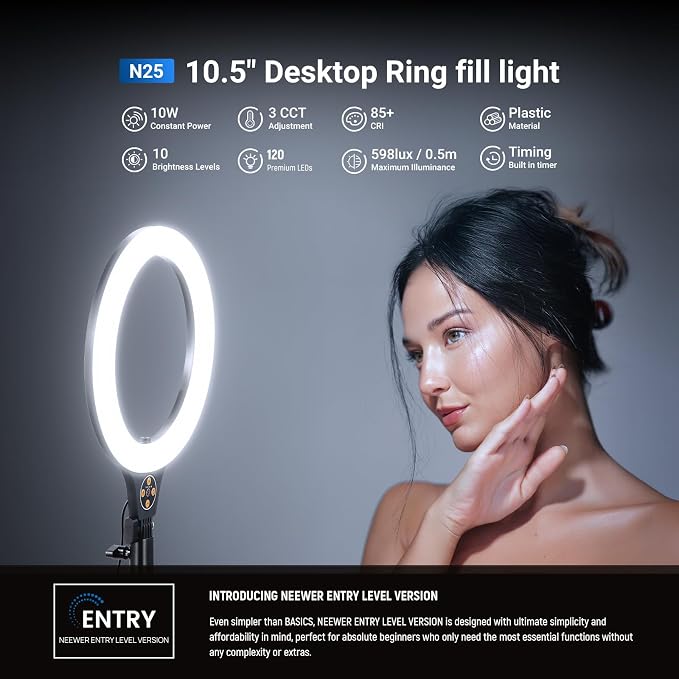 NEEWER Entry Level Version 10.5" Desk Ring Light w Tripod Stand/Phone Holder Compatible with iPhone, Timer/Remote, 10W CRI85+ LED Lighting for Selfie Makeup Streaming Recording Video Conference, N25