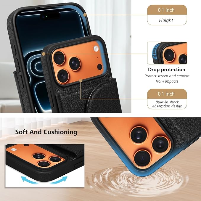 Keallce Wallet Case for iPhone 17 Pro Max 6.9'', Genuine Leather Magnetic Flip Case with RFID Blocking, Card Holder Slots and Kickstand, Protective Folio Cover for Women, Black