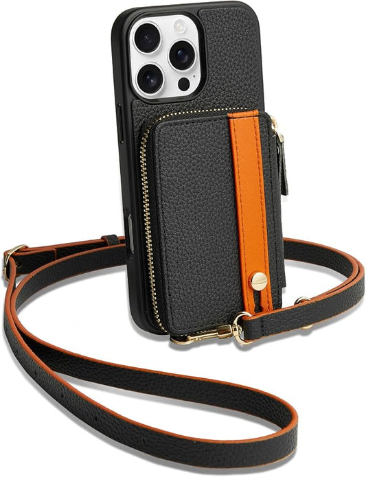 LAMEEKU Compatible with iPhone 16 Pro Wallet Case with Card Holder, Zipper Leather Crossbody Case with Phone Grip Holder Stand Wrist Strap for Women 6.3 inch Black