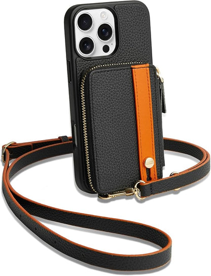 LAMEEKU Compatible with iPhone 16 Pro Max Wallet Case with Credit Card Holder, Leather Crossbody Case with Phone Grip Holder Stand Wrist Strap for iPhone 16 Pro Max 6.9 inch Black