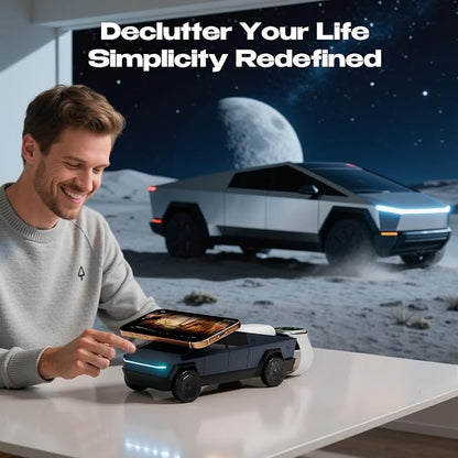 CyberDock 3-In-1 Wireless Charging Station, Cybertruck 1:25 Scale Charger with Qi2 Certified 15W Charging for iPhone iWatch AirPod, Magnetic Rotating Charger with Ambient Light, 30W Adapter, Deep Blue