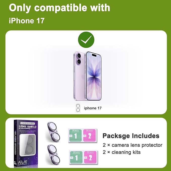 2-Pack Shatterproof Camera Lens Protector for iPhone 17 |AR Tempered Glass Strong Adsorption Metal Camera Cover Screen(Light Purple)