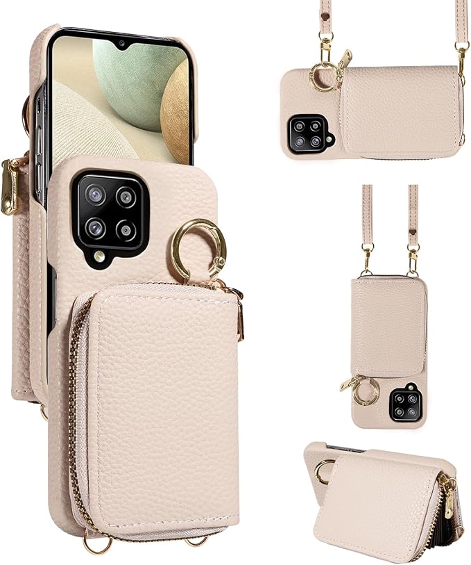 Wallet Case for Samsung Galaxy A22 4G 6.4 inch with Shoulder Strap Ring Buckle, PU Leather Zipper Organ Purse, Credit Card Holder Stand Phone Cover for M32 M22 F22 A 22 22A G4 Women Men White