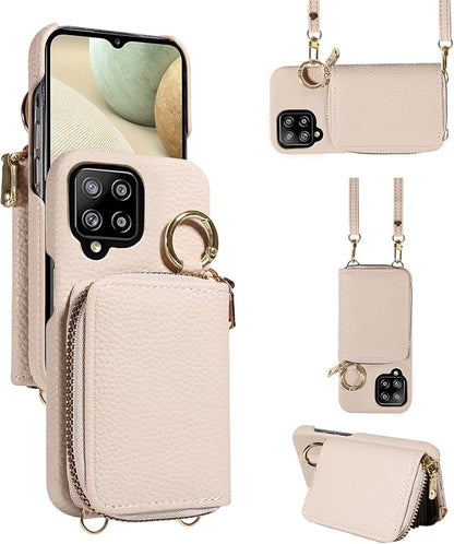 Wallet Case for Samsung Galaxy A22 4G 6.4 inch with Shoulder Strap Ring Buckle, PU Leather Zipper Organ Purse, Credit Card Holder Stand Phone Cover for M32 M22 F22 A 22 22A G4 Women Men White