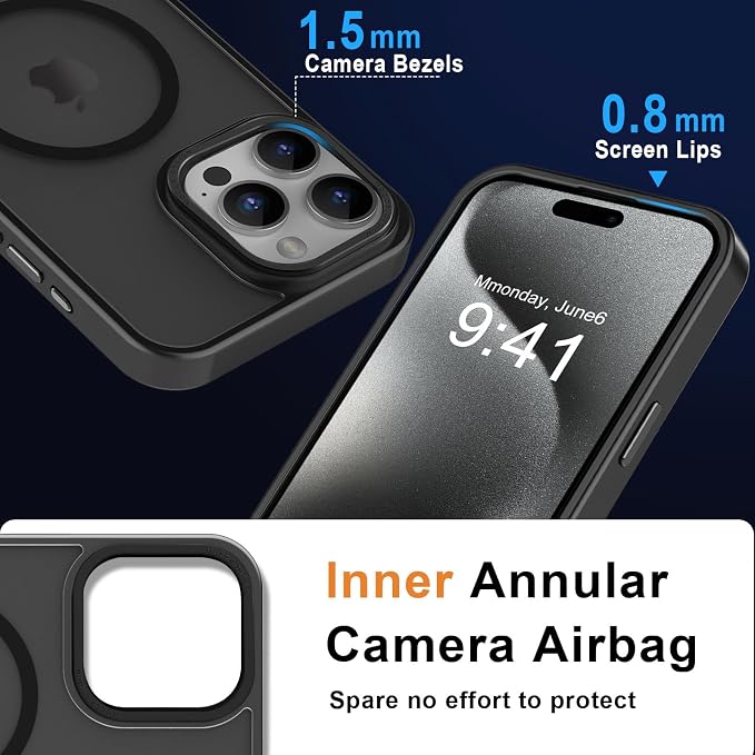 MOCCA Strong Magnetic for iPhone 15 Pro Max Case, [Compatible with Magsafe][13FT Military Drop Protection] Slim Translucent Matte Shockproof Case for iPhone 15 ProMax Case 6.7'',Titanium Black