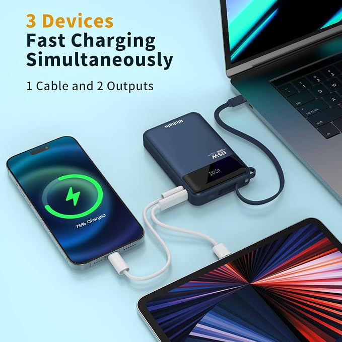 Hichain Laptop Power Bank 65W Laptop Portable Charger 20000mAh Battery Pack Fast Charging with USB C Cable, Phone Charger for iPhone 17/16/15/14/13 All Series/Samsung/Android, Camping Essential, Blue