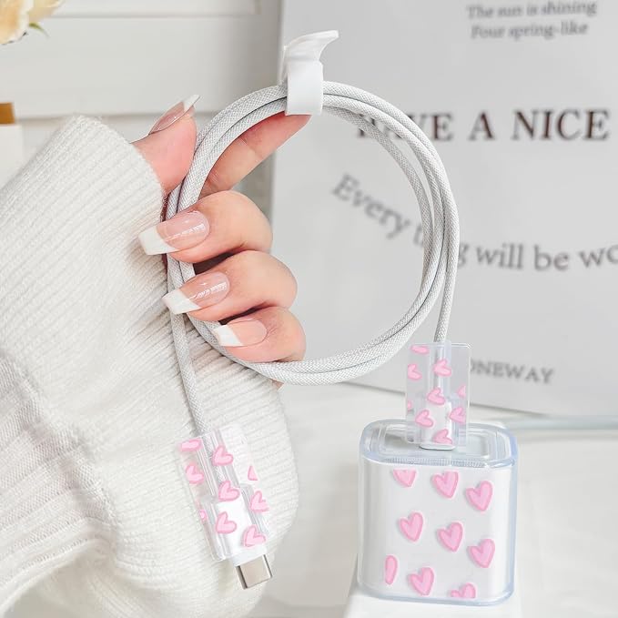 Lovmooful Compatible for iPhone 18W/20W USB-C Charger Cover Clear Lovely Love Heart Design Soft Charger Protector Cute Cable Case Saver Protector for Girls Women-Light Pink Heart
