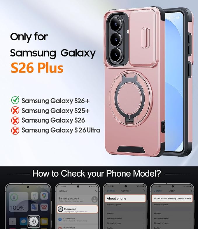 JAME for Samsung Galaxy S26+ Plus Case, Ring Holder Stand Kickstand, Slide Camera Cover with Screen Protector, Dual-Layer Shockproof Protective, Magnetic Accessory Friendly S26 Plus Phone Case, Pink