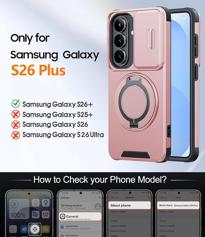 JAME for Samsung Galaxy S26+ Plus Case, Ring Holder Stand Kickstand, Slide Camera Cover with Screen Protector, Dual-Layer Shockproof Protective, Magnetic Accessory Friendly S26 Plus Phone Case, Pink