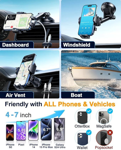 YRU True Military-Grade [360° Rotation Suction] 2026 Ultimate Car Phone Holder Mount 【90+LBS Safest Strongest & Patent Certs】 Dashboard Windshield Vent for iPhone 17 16 Pro Max Samsung,Blue Black