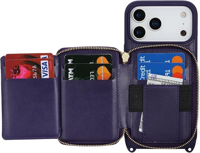 Crossbody Wallet Case for iPhone 17 Pro Max, PU Leather Zipper Handbag Purse Flip Cover, Kickstand Folio Case with Card Slots Holder Wrist Strap Lanyard 5G 6.9 Inch-Purple