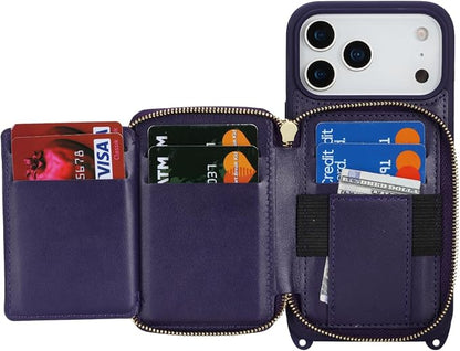 Crossbody Wallet Case for iPhone 17 Pro Max, PU Leather Zipper Handbag Purse Flip Cover, Kickstand Folio Case with Card Slots Holder Wrist Strap Lanyard 5G 6.9 Inch-Purple