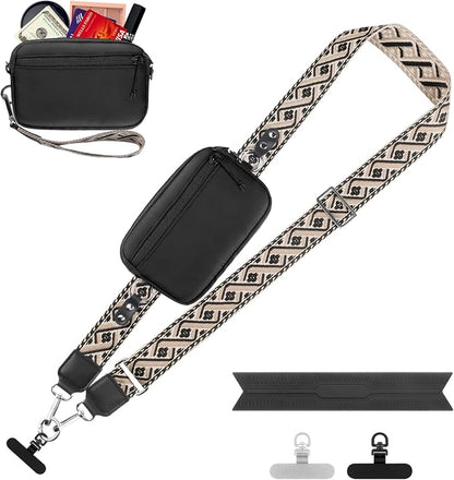 YFWE Clip and Go Strap for Phone with Wallet Crossbody, Adjustable Phone Lanyard with Detachable RFID Wristlet Wallet, Pattern Strap, Black (M)