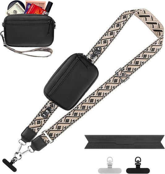 YFWE Clip and Go Strap for Phone with Wallet Crossbody, Adjustable Phone Lanyard with Detachable RFID Wristlet Wallet, Pattern Strap, Black (M)