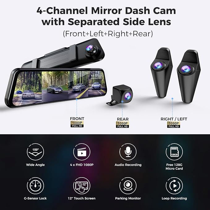 360 Degree View 4 Channel Mirror Dash Cam Detached Camera for Cars，Dash Cam Front and Rear Side(Left,Right),12'' Rear View Mirror Camera1080Px4,WiFi,Night Vision,GPS,Parking Monitor,Free 128GB Card