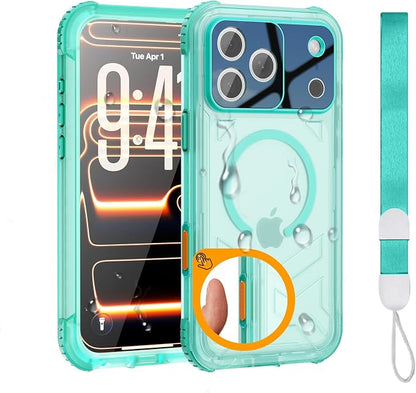 for iPhone 17 Pro Max Waterproof Case, Fit for Magsafe, IP68 Full Body Shockproof Dustproof, Built-in Camera Control and Screen Protector, 15FT Heavy Duty Military, 6.3" Cyan