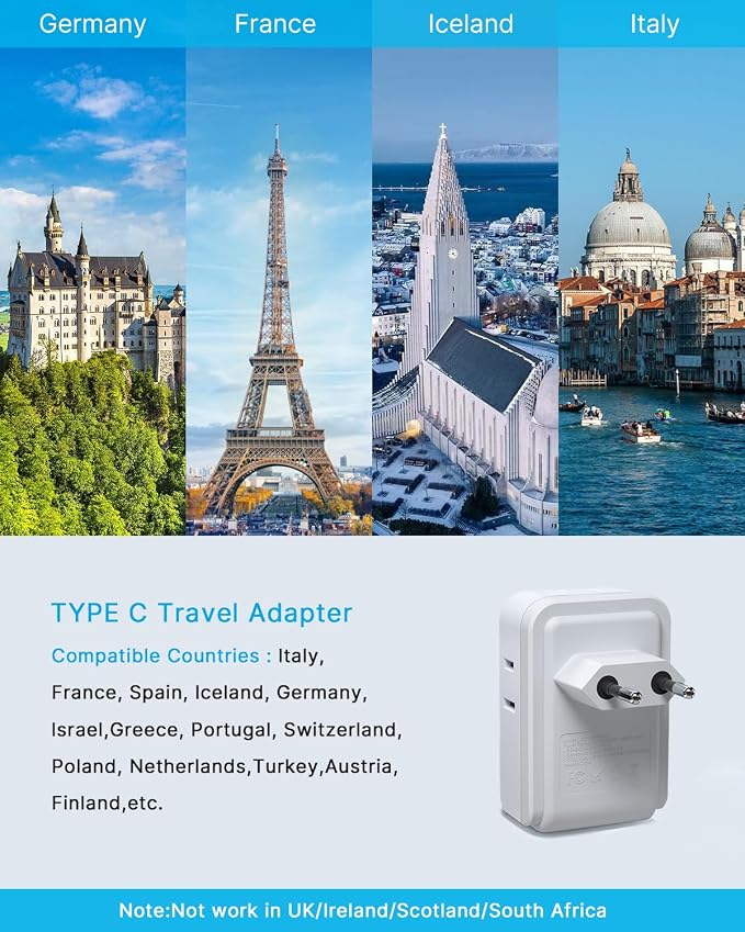 2 Pack European Travel Plug Adapter, VINTAR Europe Adaptor with 4 AC Outlets 3 USB Ports(2 USB C), Type C International Power Adapter for US to Most of Europe EU Italy Spain France Germany Iceland