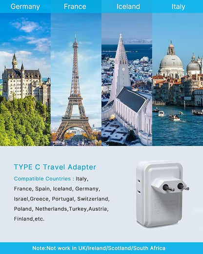 2 Pack European Travel Plug Adapter, VINTAR Europe Adaptor with 4 AC Outlets 3 USB Ports(2 USB C), Type C International Power Adapter for US to Most of Europe EU Italy Spain France Germany Iceland