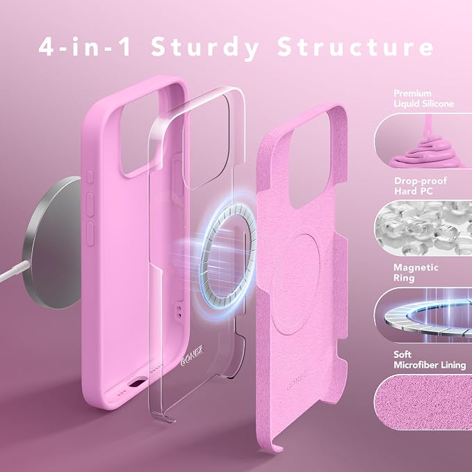 GONEZ Magnetic for iPhone 15 Pro Case, Compatible with MagSafe, [Screen Protector + Camera Lens Protector], Silicone Shockproof Anti-Scratch Protective Phone Case 6.1 inch, Rose Pink