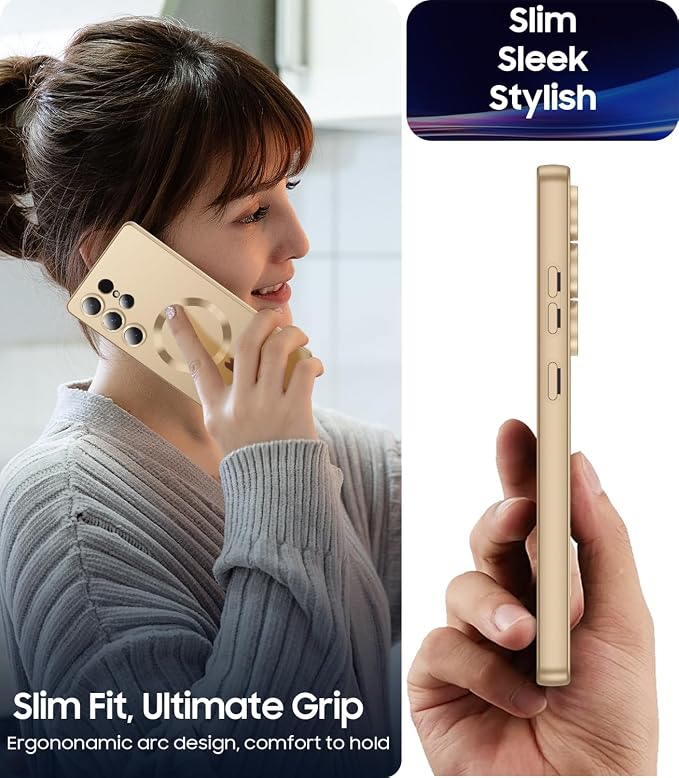 Magnetic for Samsung Galaxy S25 Ultra Case [Compatible with MagSafe][Built-in Camera Lens Protector] Slim Soft Silicone Bumper Shockproof Metallic Luster Phone Shell (Gold)