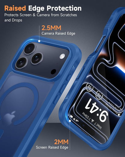 seacosmo for iPhone 17 Pro Max Case, Full Body Bumper with Built-in Tempered Glass Screen and Camera Lens Protector, Compatible with MagSafe, Shockproof 17 Pro Max Phone Case, 6.9", Blue Matte