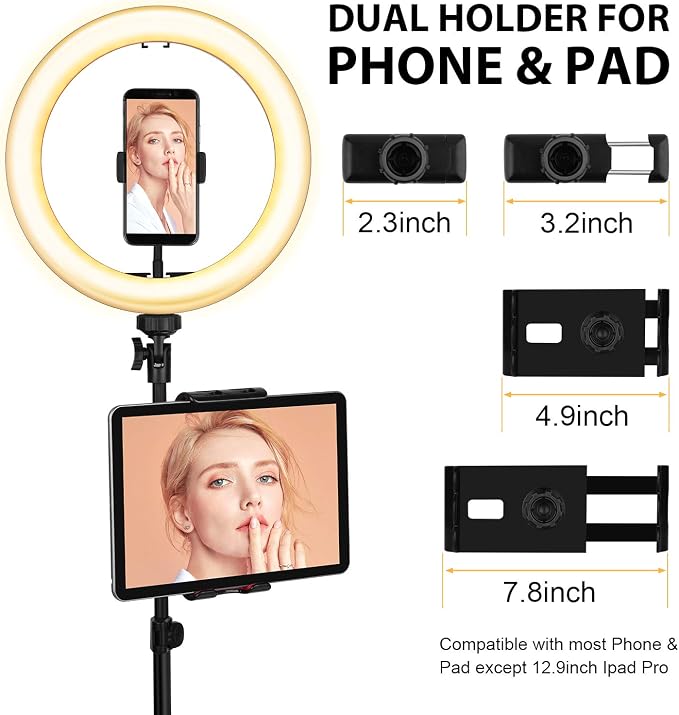 Ring Light with Stand and Phone Holder, 10'' LED Selfie Ring Light with Tripod (17''-73'') Bluetooth Remote for iPad/Tablet/Video Recording/Live Stream/Makeup/YouTube/Photography, 3 Color Modes
