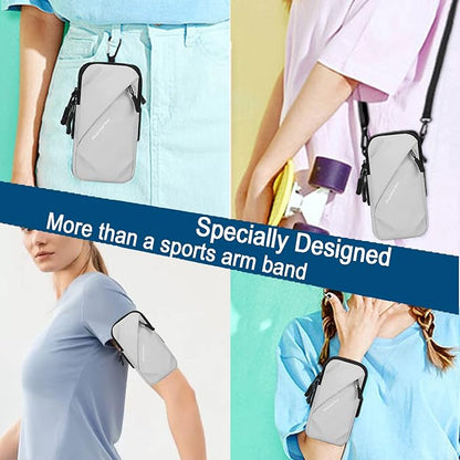 Prime Comfort Phone Holder, Small Crossbody Shoulder Holsters Bag with Arm Band, Fits iPhone and Android, Use for Running, Walking, Hiking & Biking (6.7 Inches, Grayish White)